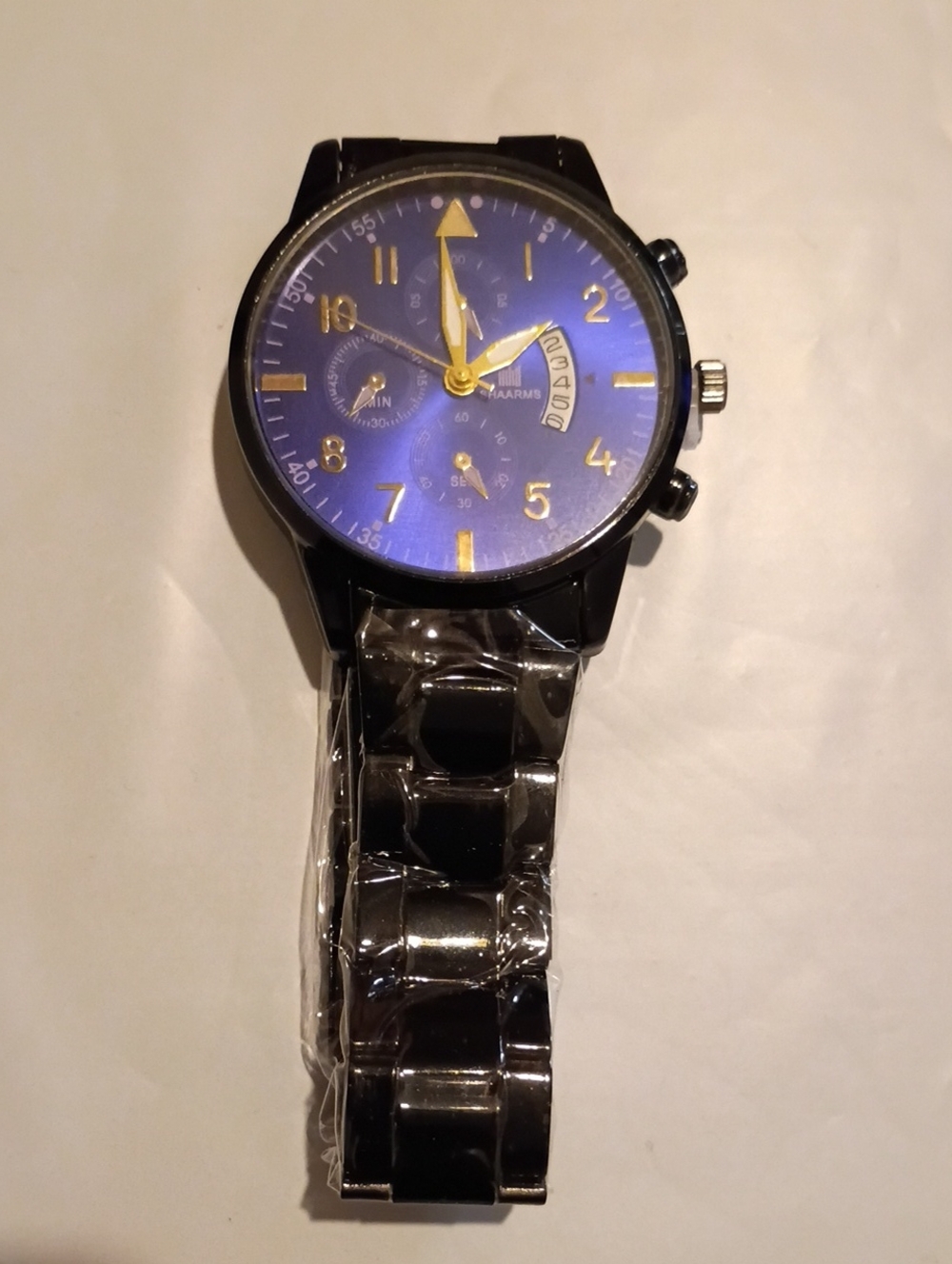 SHAARMS Men's Quartz Wristwatch. Black Metal Bracelet Watch with Blue Dial